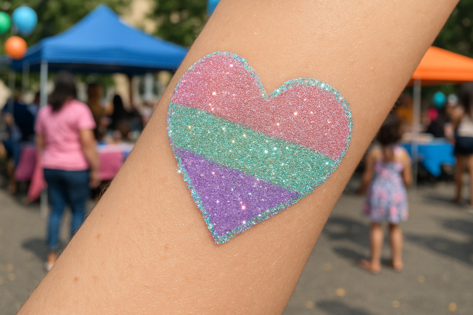 Glitter tattoo of a pastel-colored heart at a community event